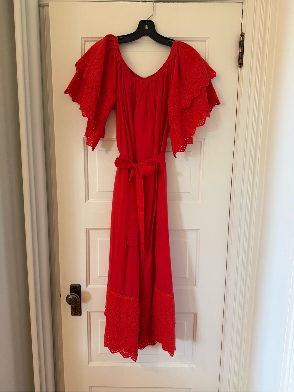 Melissa Odabash Red Eyelet Flutter Midi Dress with Waist Tie NWT Size Small